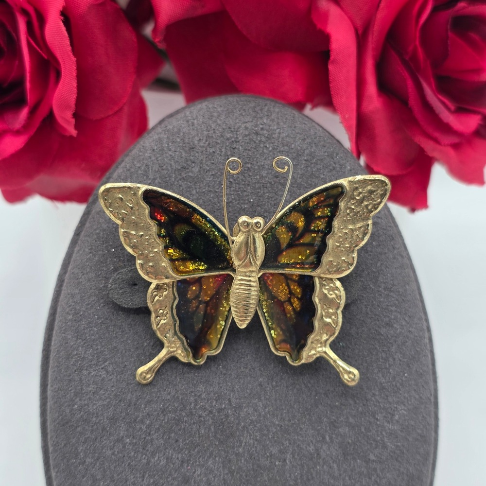 Vintage Gold Tone Multi Color Enamel Glitter Butterfly Brooch Pin 1.75 Inch